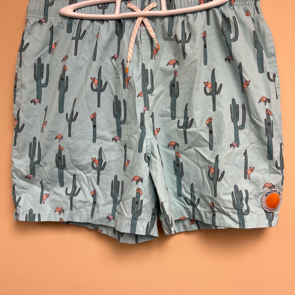 Ambsn California Teal Cactus/Turtle/Coyote Mens Large Graphic Print Swim Trunks